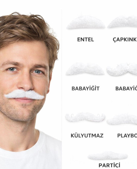6’lı Yapışkanlı Beyaz Parti Bıyık Seti – Farklı Modeller 6’lı Yapışkanlı Beyaz Parti Bıyık Seti – Farklı Modeller