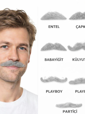 6’lı Yapışkanlı Gri Parti Bıyık Seti – Farklı Modeller