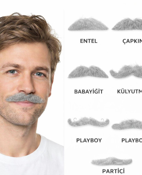 6’lı Yapışkanlı Gri Parti Bıyık Seti – Farklı Modeller