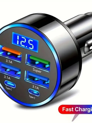 6 Portlu Hızlı Araç Şarj Cihazı – 4 USB + 2 Type-C Çıkışlı Dijital Göstergeli Oto Şarjı