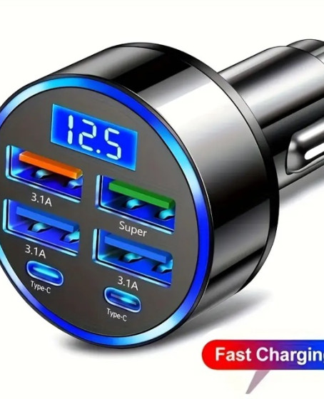 6 Portlu Hızlı Araç Şarj Cihazı – 4 USB + 2 Type-C Çıkışlı Dijital Göstergeli Oto Şarjı 6 Portlu Hızlı Araç Şarj Cihazı – 4 USB + 2 Type-C Çıkışlı Dijital Göstergeli Oto Şarjı