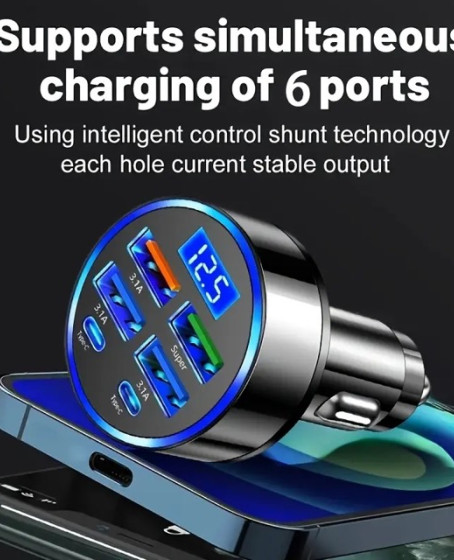 6 Portlu Hızlı Araç Şarj Cihazı – 4 USB + 2 Type-C Çıkışlı Dijital Göstergeli Oto Şarjı 6 Portlu Hızlı Araç Şarj Cihazı – 4 USB + 2 Type-C Çıkışlı Dijital Göstergeli Oto Şarjı