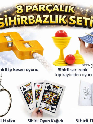 8’li Sihirbazlık Seti (Kibrit, Defter, Halka, Kupa, İp, 3’lü Kart) 8’li Sihirbazlık Seti (Kibrit, Defter, Halka, Kupa, İp, 3’lü Kart)