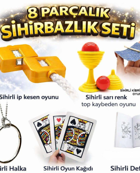 8’li Sihirbazlık Seti (Kibrit, Defter, Halka, Kupa, İp, 3’lü Kart)