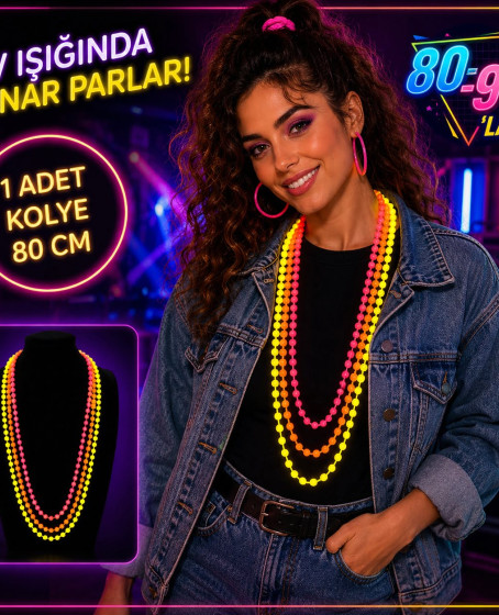 80'ler 90'lar UV Glow Parti Kolyesi 3'lü Set (Pembe-Turuncu-sarı Kolye)