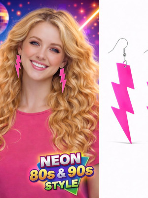 80’ler 90'lar Retro Neon Pembe Şimşek Küpe 10 cm