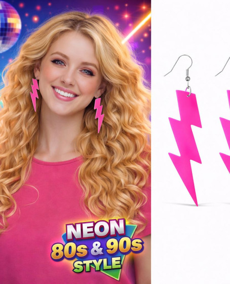 80’ler 90'lar Retro Neon Pembe Şimşek Küpe 10 cm
