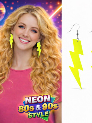 80’ler 90'lar Retro Neon Sarı Şimşek Küpe 10 cm