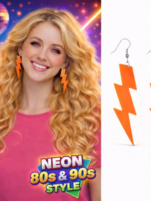 80’ler 90'lar Retro Neon Turuncu Şimşek Küpe 10 cm