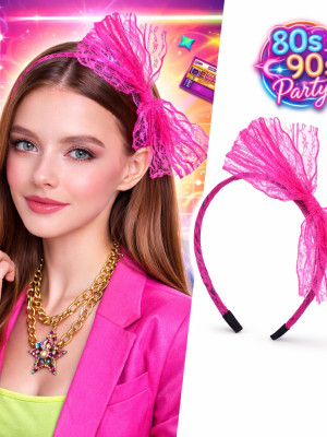 80’ler 90’lar Neon Pembe Dantel Taç Fiyonklu