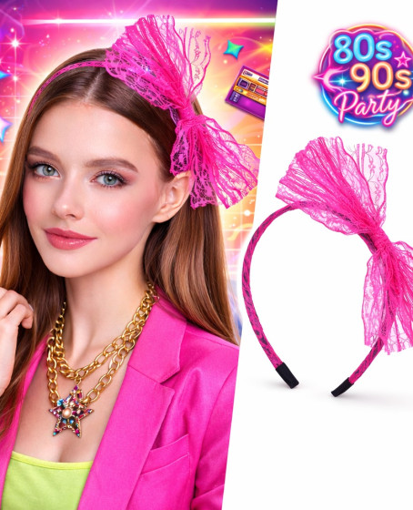 80’ler 90’lar Neon Pembe Dantel Taç Fiyonklu