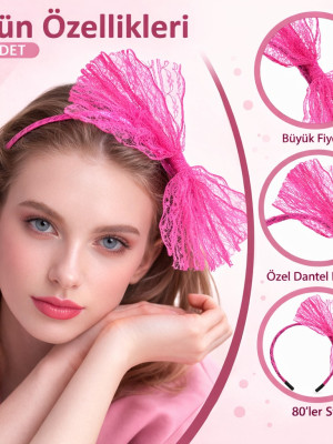 80’ler 90’lar Neon Pembe Dantel Taç Fiyonklu 80’ler 90’lar Neon Pembe Dantel Taç Fiyonklu