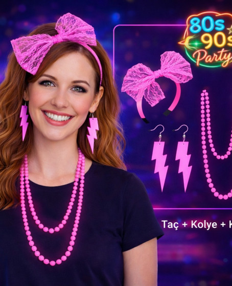 80’ler 90’lar Neon Pembe Parti Seti – Kolye Küpe Taç