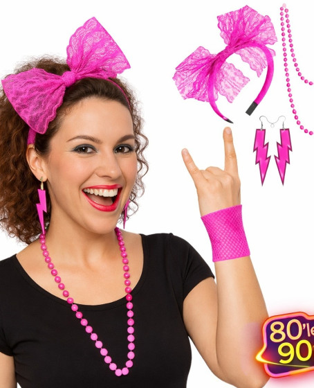 80’ler 90’lar Neon Pembe Parti Seti – Kolye Küpe Taç