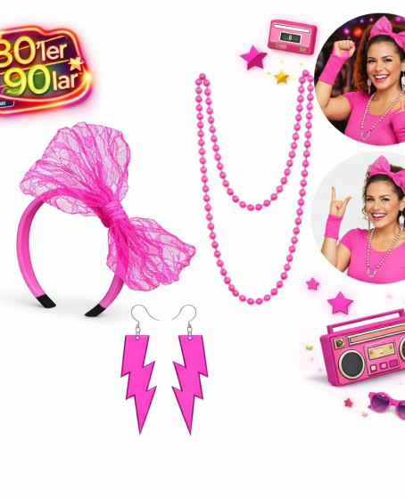 80’ler 90’lar Neon Pembe Parti Seti – Kolye Küpe Taç