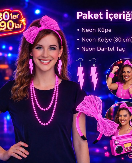 80’ler 90’lar Neon Pembe Parti Seti – Kolye Küpe Taç