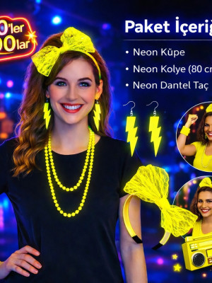 80’ler 90’lar Neon Sarı Parti Seti – Kolye Küpe Taç