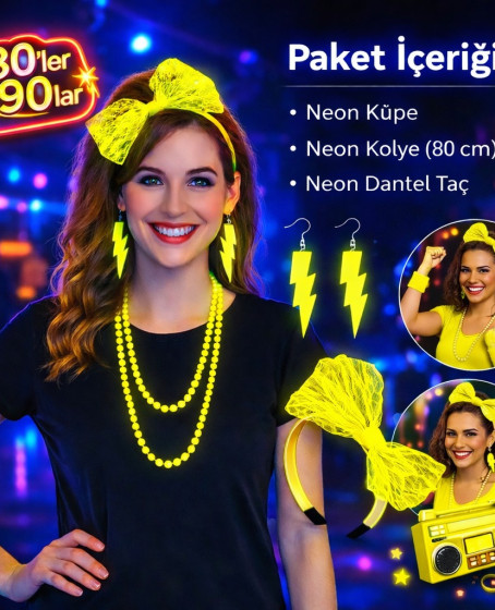 80’ler 90’lar Neon Sarı Parti Seti – Kolye Küpe Taç