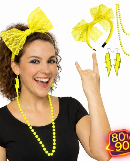 80’ler 90’lar Neon Sarı Parti Seti – Kolye Küpe Taç