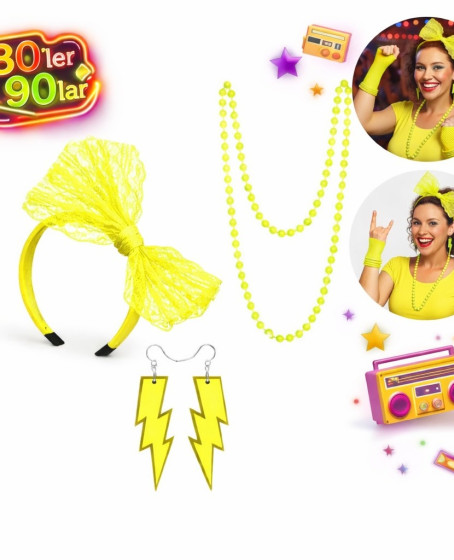 80’ler 90’lar Neon Sarı Parti Seti – Kolye Küpe Taç