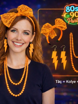 80’ler 90’lar Neon Turuncu Parti Seti – Kolye Küpe Taç