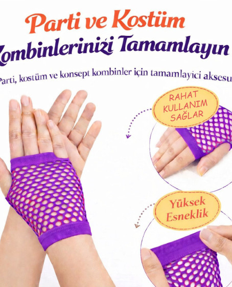 80’ler 90’lar Retro Mor File Parmaksız Kısa Eldiven 11 cm