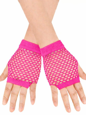 80’ler 90’lar Retro Neon Fuşya Şeker Pembesi File Parmaksız Kısa Eldiven 11 cm