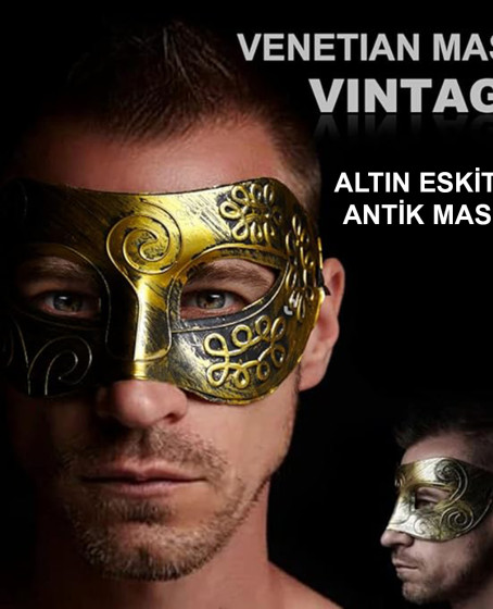 Altın Eskitme Yüz Maskesi - Antik Tarz Balo Maskesi