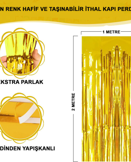 Altın Gold Renk Ekstra Metalize Parlak Saçaklı Arka Fon Perde İthal A Kalite 1x2 Metre Altın Gold Renk Ekstra Metalize Parlak Saçaklı Arka Fon Perde İthal A Kalite 1x2 Metre