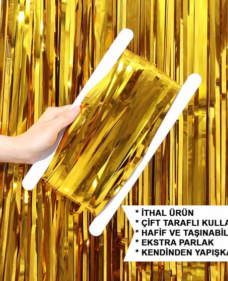 Altın Gold Renk Ekstra Metalize Parlak Saçaklı Arka Fon Perde İthal A Kalite 1x2 Metre Altın Gold Renk Ekstra Metalize Parlak Saçaklı Arka Fon Perde İthal A Kalite 1x2 Metre