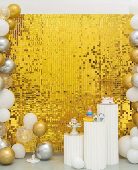 Altın Gold Renk Dikdörtgen Kesim Parlak Sim Görünümlü Fon Perde Dekor 1x2 Metre