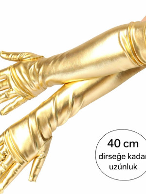 Altın Renk Dirsek Altı Lüks Saten Eldiven 40 cm