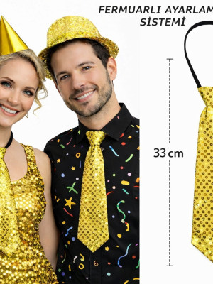 Altın Renk Pul Payetli Işıltılı Parti Kravatı 33 cm