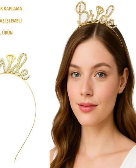 Altın Renkli Taşlı “Bride” Gelin Tacı – El Yazısı Yazı Tipiyle