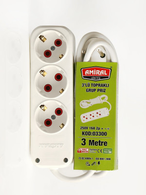 Amiral 3' lü Topraklı 3 Metre Kablolu Grup Priz Amiral 3' lü Topraklı 3 Metre Kablolu Grup Priz