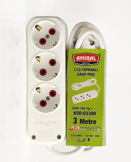 Amiral 3' lü Topraklı 3 Metre Kablolu Grup Priz