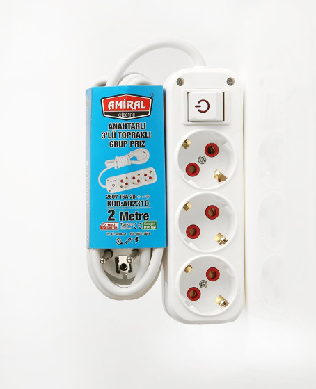 Amiral 3' lü Topraklı Anahtarlı 2 Metre Kablolu Grup Priz