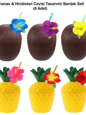 Ananas & Hindistan Cevizi Tasarımlı Pipetli Bardak Seti (6 Adet)