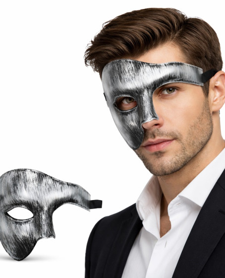 Antik Eskitme Gümüş Erkek Yarım Maske - Phantom & Balo Maskesi