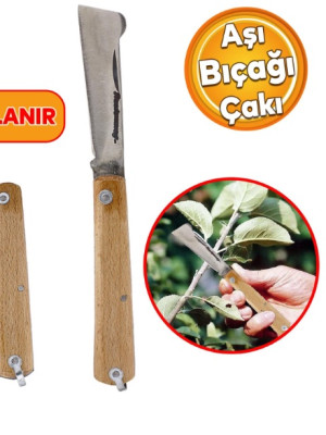 Aşı Bıçağı Profesyonel Çelik Tepeli Uçlu Bağ Ağaç Budama Aşı Çakısı 170 mm Ahşap Saplı Bıçak Çakı