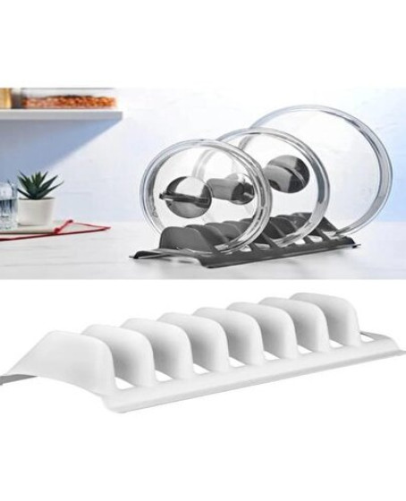 Beyaz - 8 Bölmeli Tencere Kapak Rafı - Simple Tabaklık - Kapak Organizeri