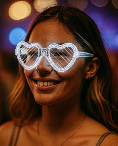 Beyaz LED Işıklı Kalp Gözlük – 3 Modlu Parti & Glow Gözlüğü
