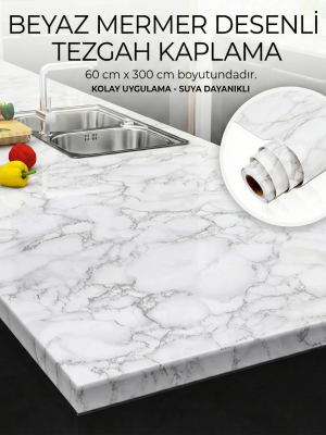 Beyaz Mermer Desenli Yapışkanlı Tezgah Folyosu (3 mt.x 60 cm)