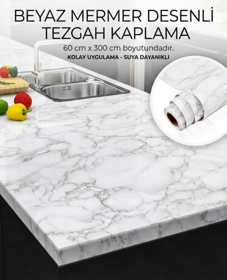 Beyaz Mermer Desenli Yapışkanlı Tezgah Folyosu (3 mt.x 60 cm)