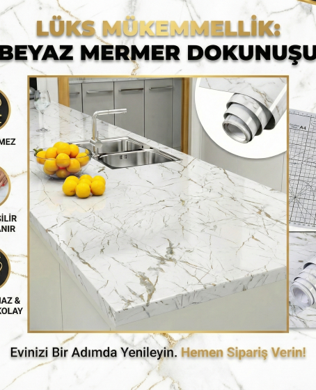 Beyaz Mermer Desenli Yapışkanlı Tezgah Folyosu (3 mt.x 60 cm)