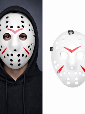 Beyaz Renk Kırmızı Çizgili Tam Yüz Hokey Jason Maskesi Hannibal Maskesi