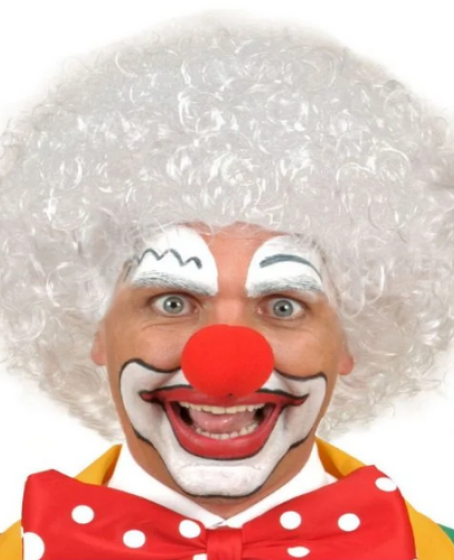 Beyaz Renk Kıvırcık Afro Bonus Peruk Saç ve Kırmızı Sünger Burun Seti