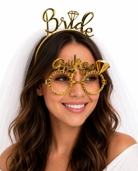 Bride Yazılı Gold Taç ve Parti Gözlüğü Seti Bride Yazılı Gold Taç ve Parti Gözlüğü Seti