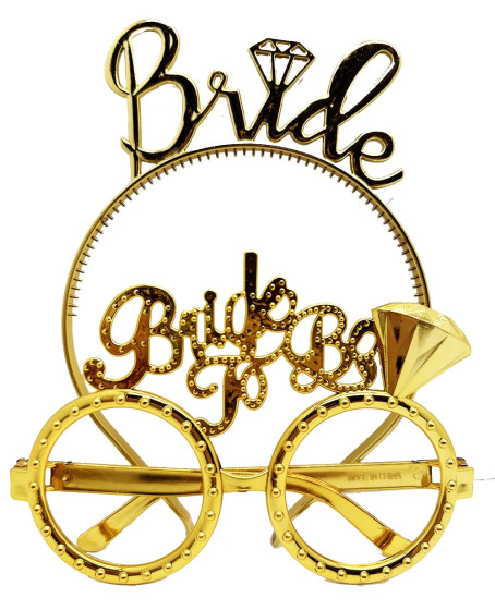 Bride Yazılı Taç ve Bride To Be Yazılı Gözlük Seti Altın Renk