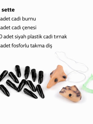 Cadı Aksesuar Seti – Burun, Çene, Fosforlu Diş ve 10 Adet Siyah Tırnak Cadı Aksesuar Seti – Burun, Çene, Fosforlu Diş ve 10 Adet Siyah Tırnak